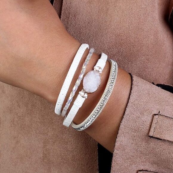 White Leather Druzy Quartz Crystal Bracelet - Picture 1 of 6